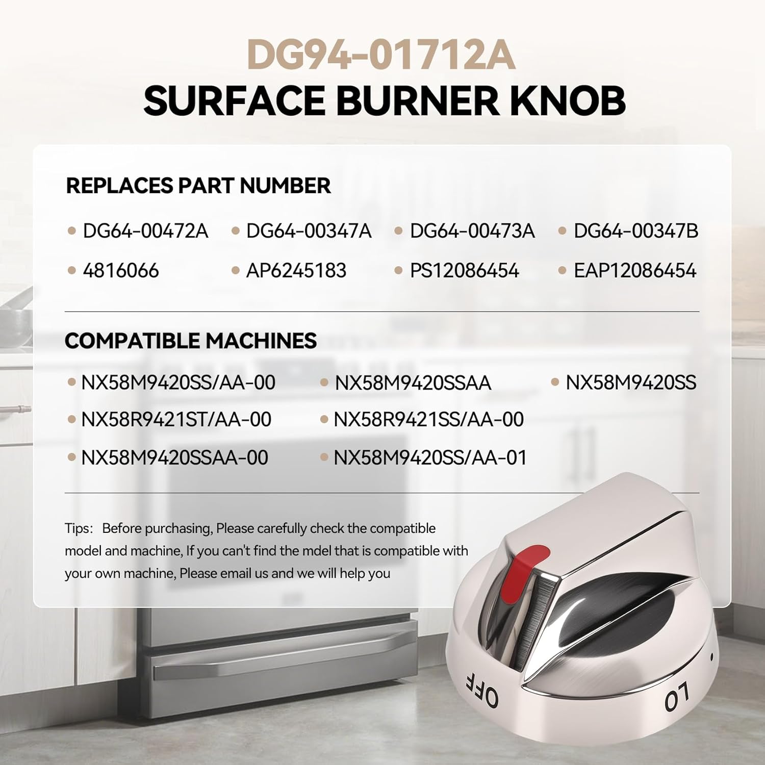 DG94-01712A DG94-01713A Gas Range Burner Control Dial Knob for Samsung Range Oven Stove NX58M9420SS NX58M9420SSAA NX58M9420SSAA-00 Complete Equipment（5 Pack）